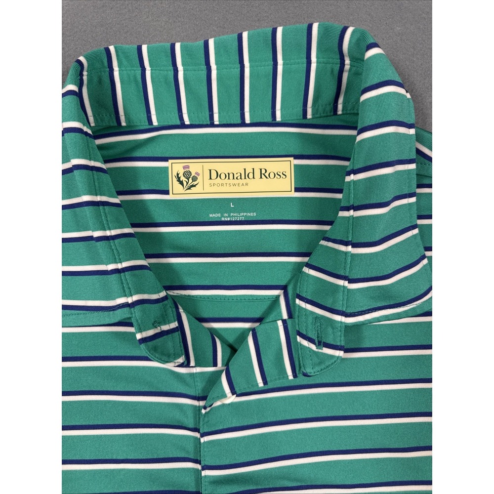SHIRT GOLF POLO Donald Ross MENS LARGE Grn/NAVY Stripe Golfing Rugby PERFORMANCE